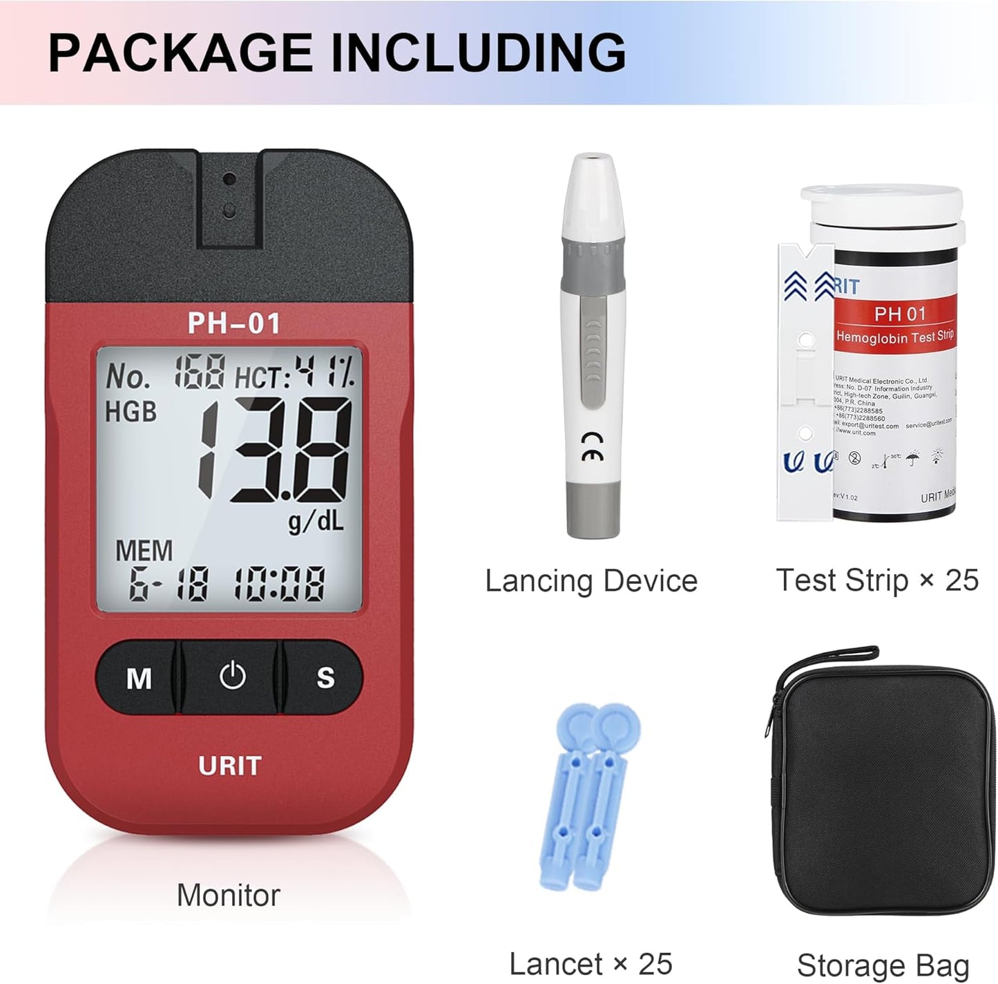 PH-01A hemoglobin meter with test strips and lancets