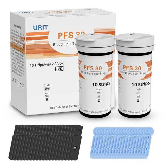 PFS 30 blood lipid test strips with packaging and additional components