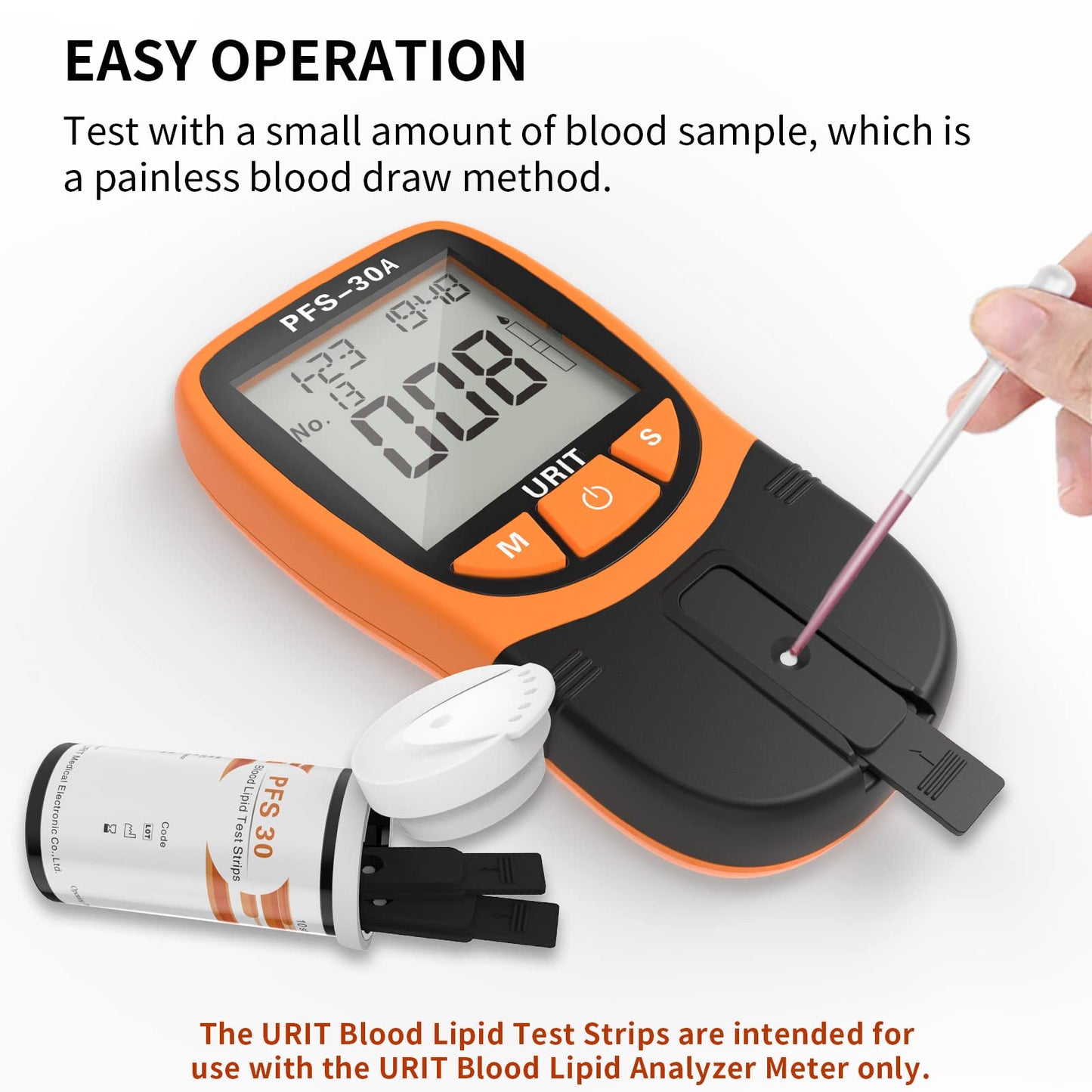 URIT Blood Lipid Test Analyzer with blood sample and strips on a white background