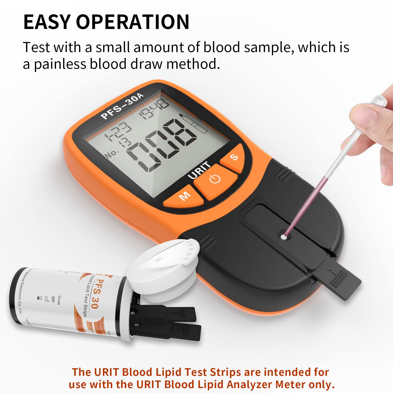 URIT Blood Lipid Test Analyzer with blood sample and strips on a white background