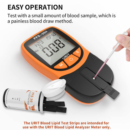 URIT Blood Lipid Test Analyzer with blood sample and strips on a white background