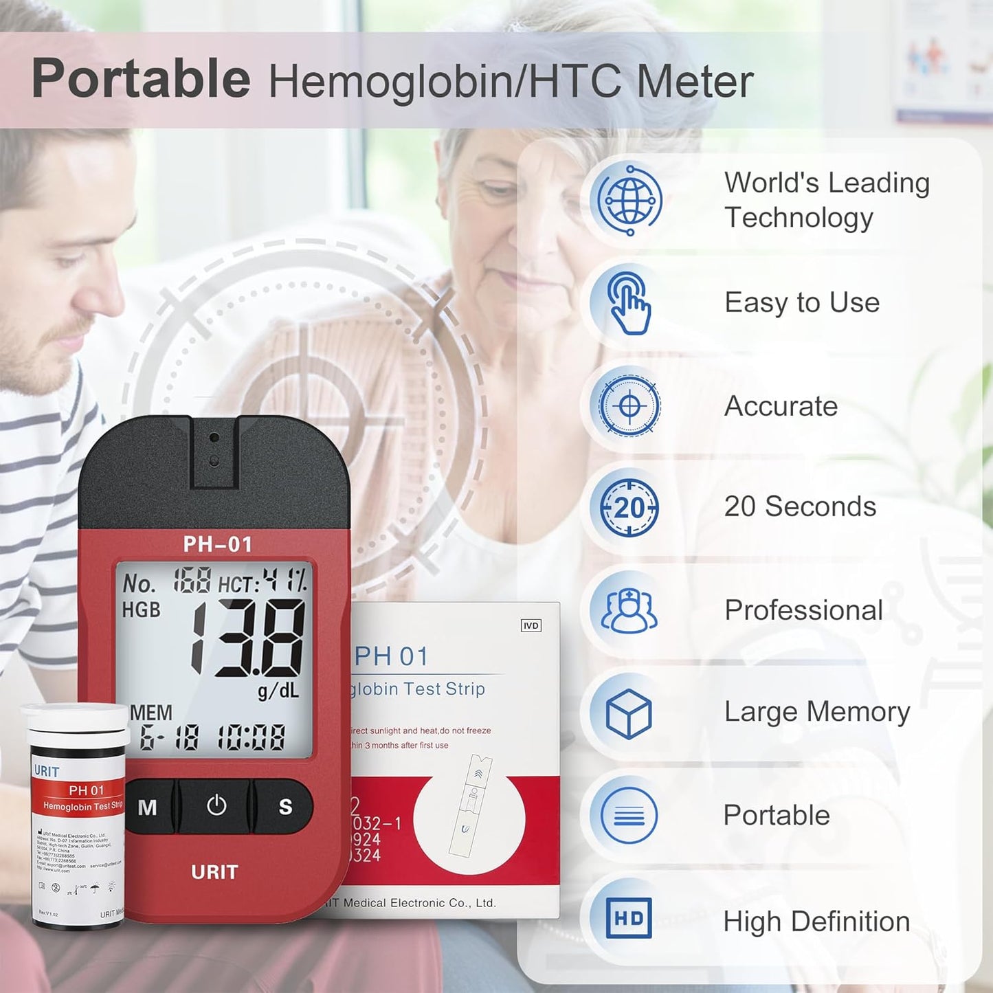 PH-01A home hemoglobin meter displaying a result