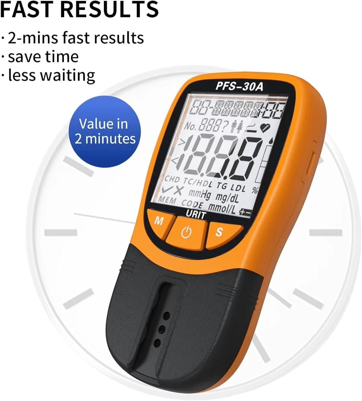 PFS-30A analyzer screen displaying complete 5-in-1 cholesterol test results after just 2 minutes of analysis.