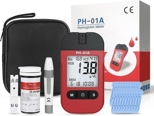 Official PH-01A home hemoglobin test kit including 25 Hb strips and lancets.